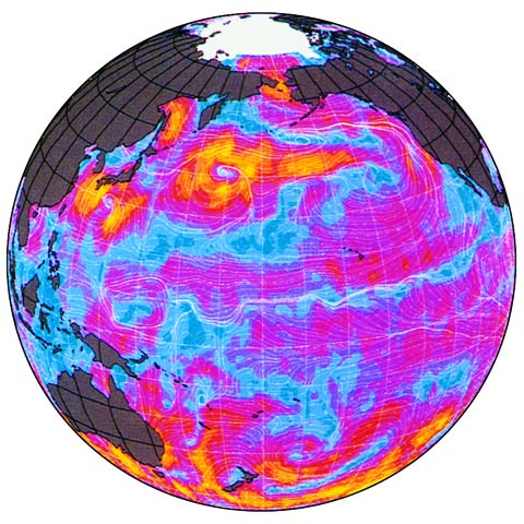 Ocean surface circulation and winds, including in the Western tropical Pacific.: Photograph from NASA courtesy of NSF.